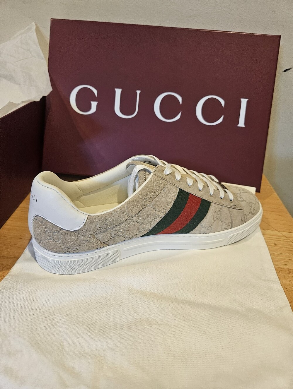 Gucci Men's Ace Sneaker With Web Oatmeal Size UK 10.5 - Picture 3 of 9